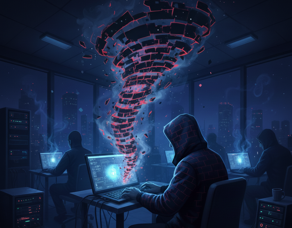 A conceptual digital illustration of a stealthy cyber backdoor named BrickStorm infiltrating a secure network infrastructure and virtualization servers.