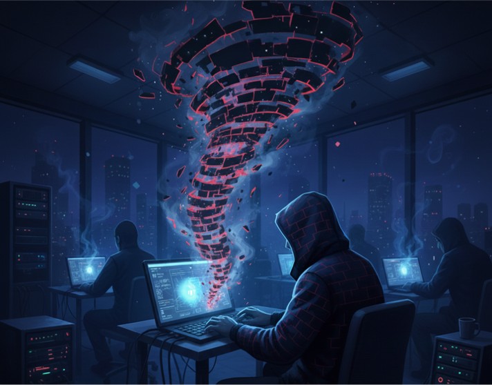 A conceptual digital illustration of a stealthy cyber backdoor named BrickStorm infiltrating a secure network infrastructure and virtualization servers.