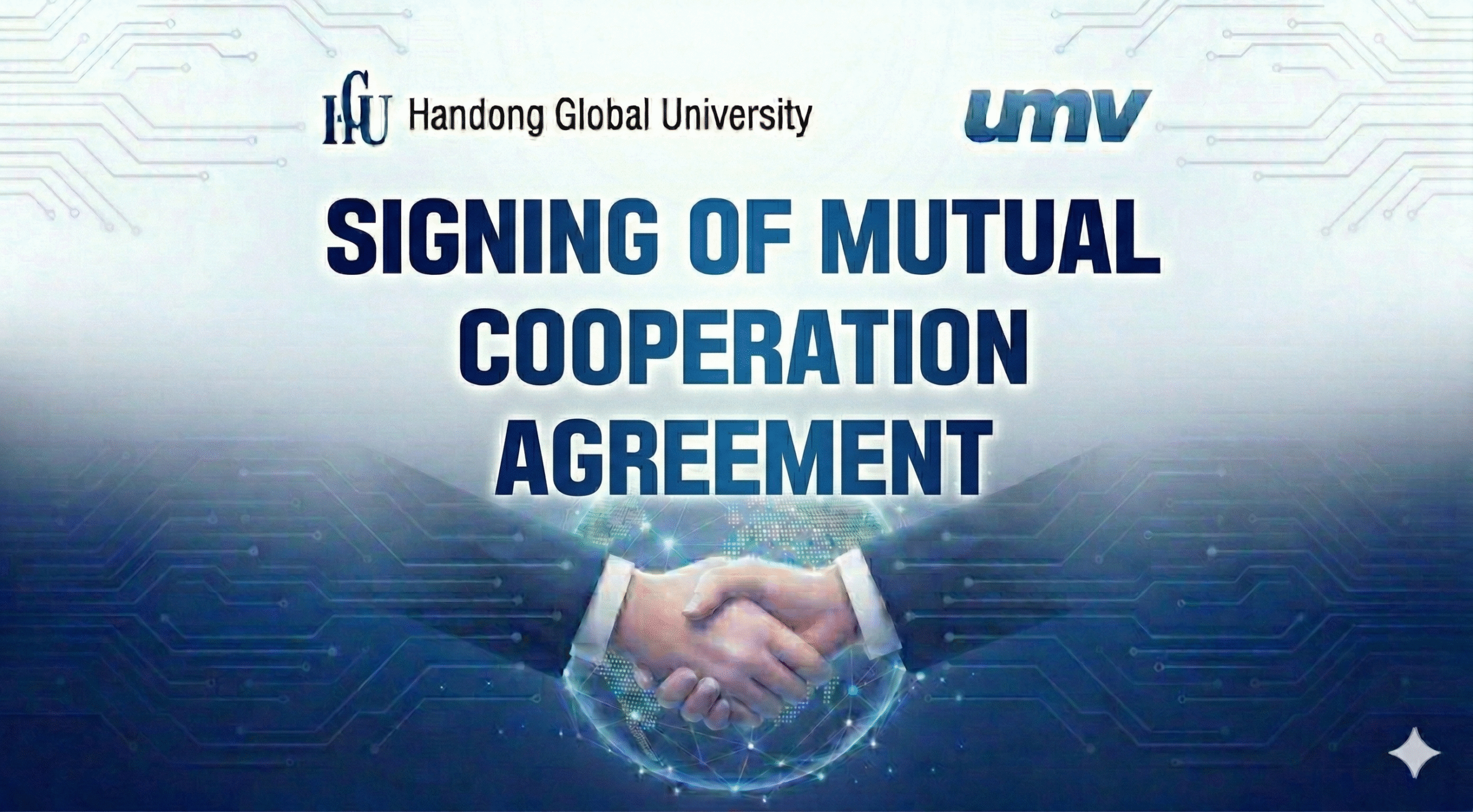 A graphic image of a handshake against a global background, symbolizing the strategic MOU between UMV and Handong University.