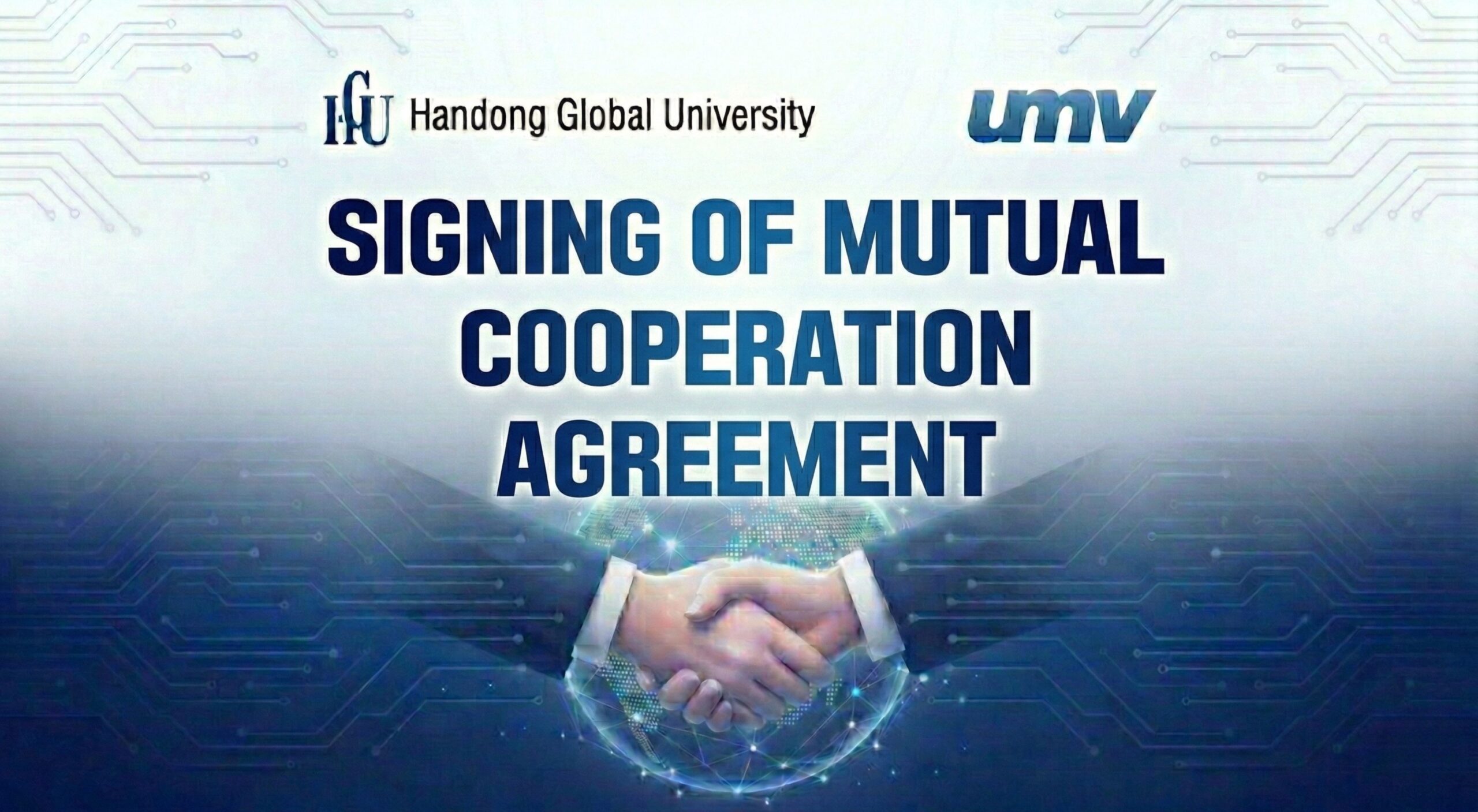 A graphic image of a handshake against a global background, symbolizing the strategic MOU between UMV and Handong University.