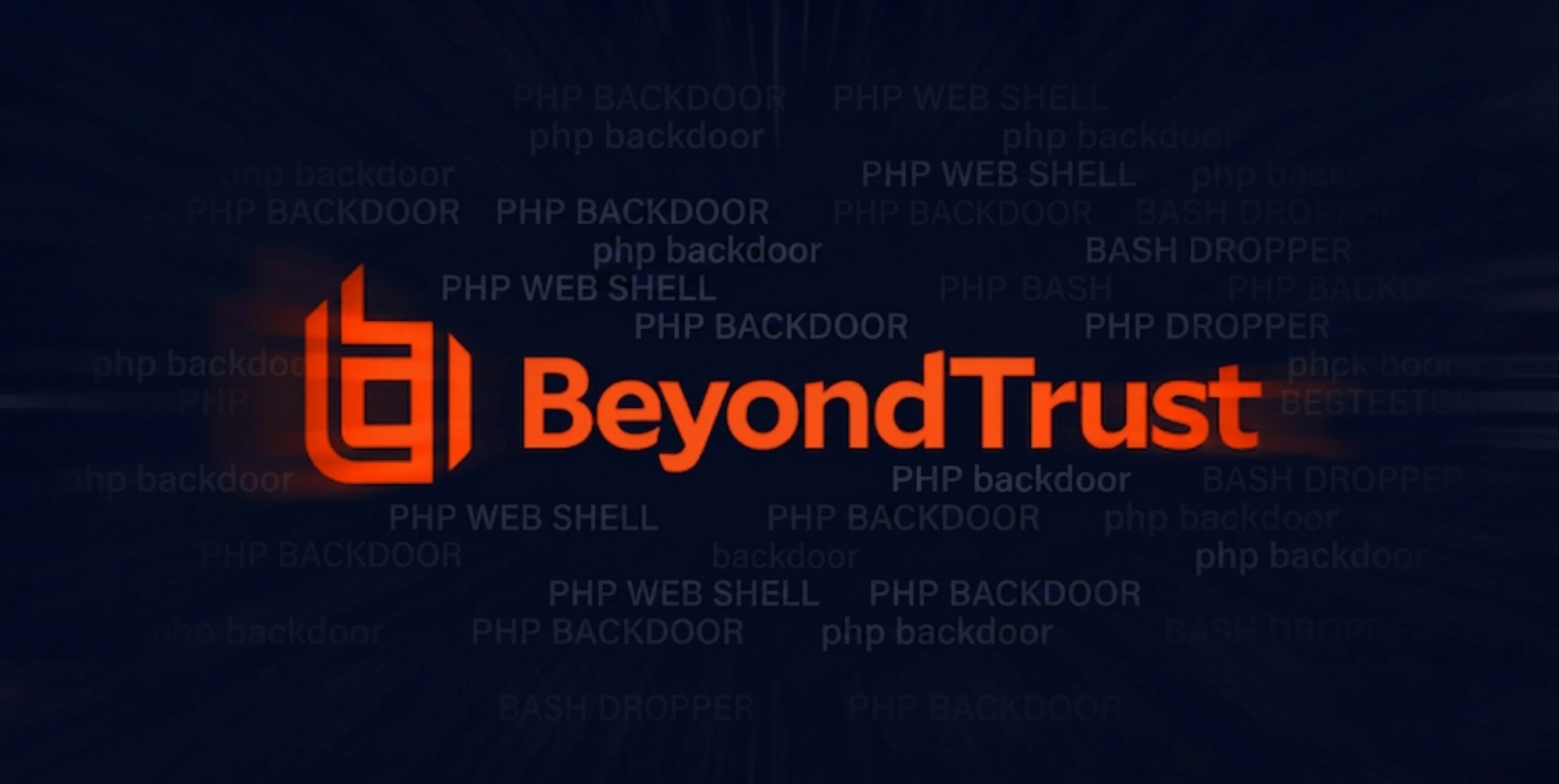 BeyondTrust logo on a dark digital background with subtle text overlays of 'php backdoor', 'php web shell', and 'bash dropper' representing a cybersecurity exploit.