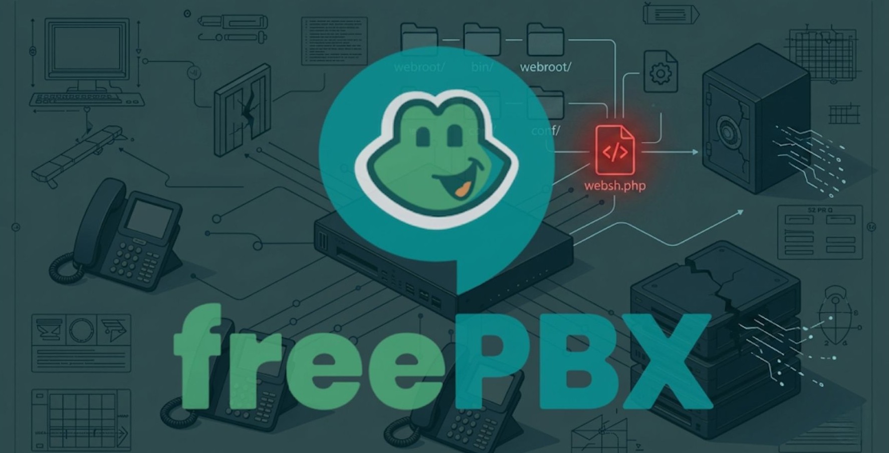 FreePBX 로고와 시스템 다이어그램 배경 위에 Encyst PHP 웹쉘 파일(websh.php)과 취약점(CVE-2025-64222) 침투, 권한 탈취, 웹쉘 배포, 악성 행위 단계를 시각화한 공격 흐름도