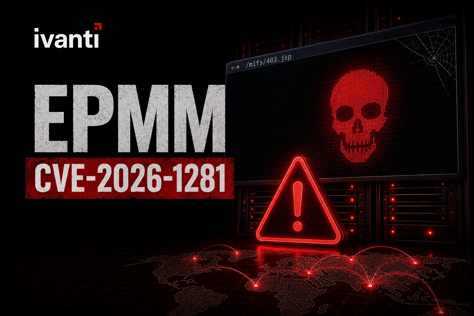 Ivanti EPMM CVE-2026-1281 exploitation warning featuring sleeper webshell attacks, active exploitation, and critical vulnerability alert