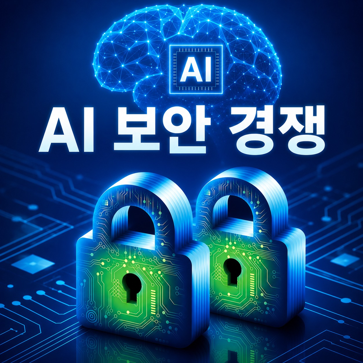AI 기반 사이버보안 일러스트레이션으로, 디지털 자물쇠와 인공지능(AI) 두뇌를 통해 취약점 탐지, 위협 분석, 자율 방어 분야에서 치열해지고 있는 AI 보안 경쟁을 표현한 이미지입니다.