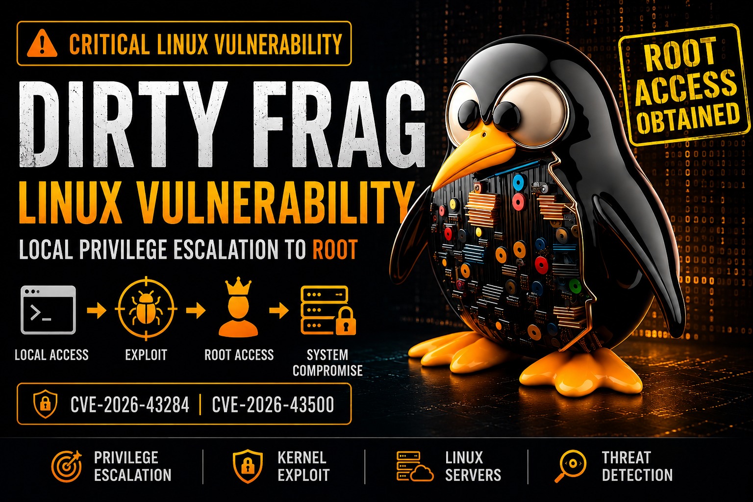 Featured image illustrating the Dirty Frag Linux vulnerability, a critical privilege escalation flaw that allows attackers to obtain root access on vulnerable Linux systems.
