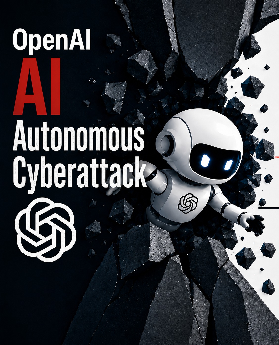 Illustration of an OpenAI AI robot breaking through a wall, symbolizing an autonomous AI-driven cyberattack and emerging cybersecurity threats.